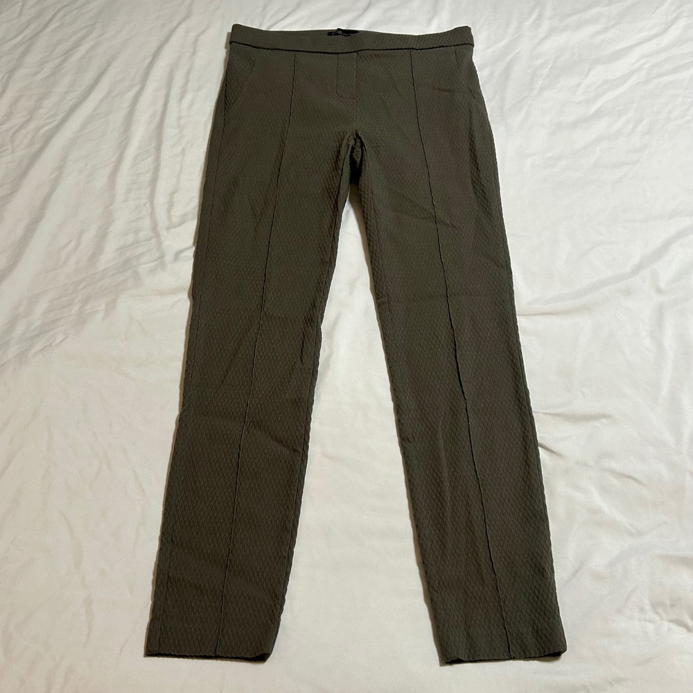 Dalia Women Olive Green Textured Slim Leg Pull On Trousers Size 4 Stretch Office